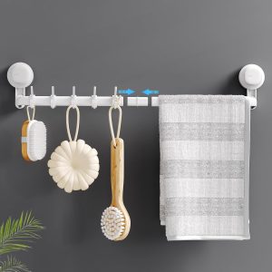 Suction Cup Towel Bar, 24 Inch Adjustable Shower Rack, No Drill Hand Towel Holder with 5 Hooks, Wall Mounted Towel Bar - White
