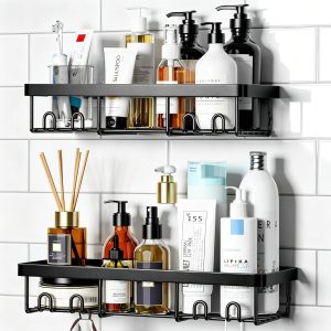 Adhesive Shower Caddy Shelf Organizer (2-Pack), Black Bathroom Basket Shelves with Hooks, No-Drilling Wall Mount Storage, Rustproof Stainless Steel
